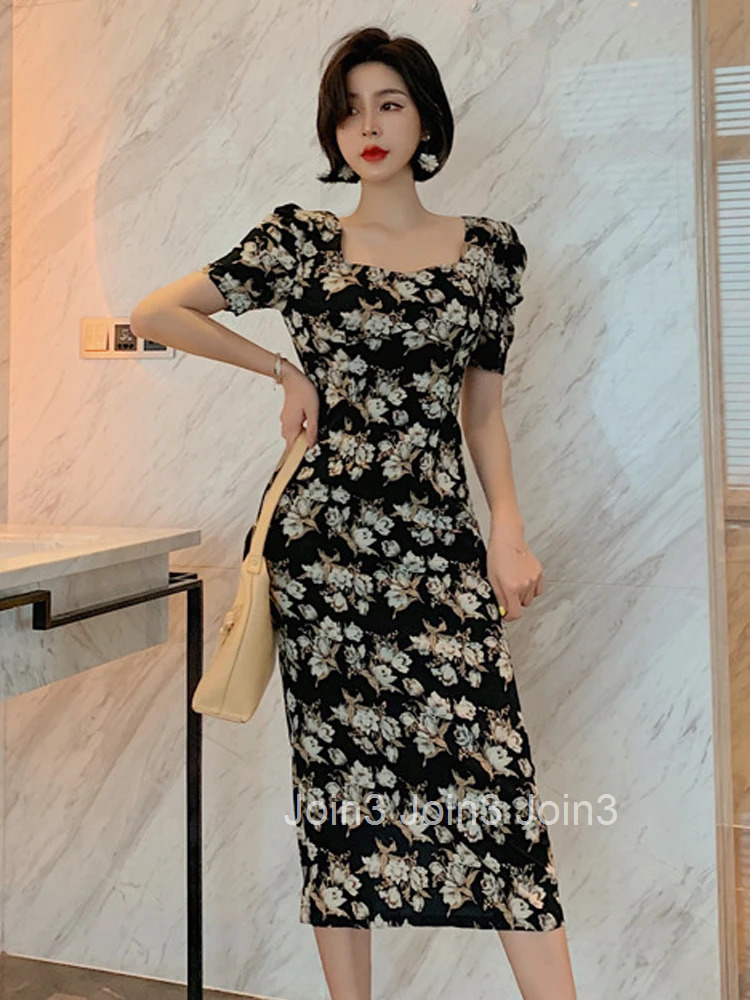New Arrival Fashion Party Dress Women Elegant Summer Vintage Puff Sleeve Print Beach Temperament Office Lady Slim Pencil Dress