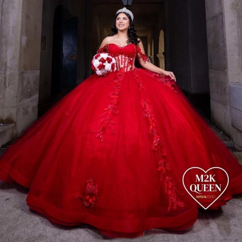 Luxury Red Shiny Ball Gown Quinceanera Dresses Lace Applique Crystal Beaded Tull Corset Sweet 16 Dress Vestidos De 15 Anos
