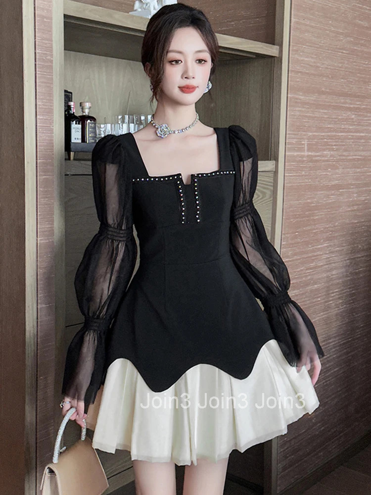Autumn Fashion Casual Black Square Collar A-Line Short Dress Women Clothes Retro Puff Sleeve Slim Mini Party Club Prom Vestidos