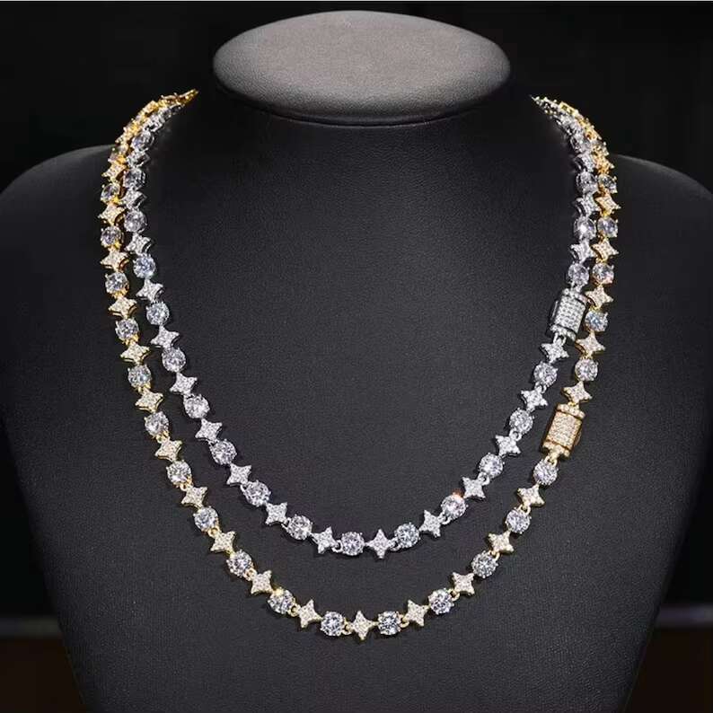 Fully Iced Out Star Round Shaped Moissanite Diamond Tennis Chain Hip Hop Jewelry Beautiful Jewelry Best Gift for Men Women