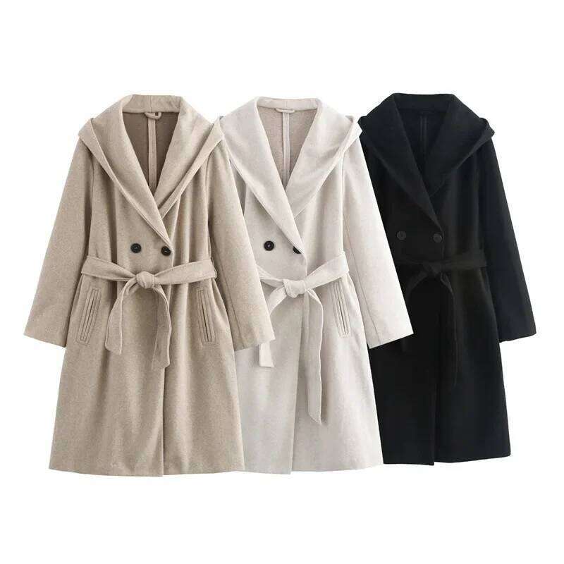 Loose Women's Coat with Belt Pure Color Hooded Jacket V-neck Regular Type Chinese Origin Fashionable Elegant Female Outerwear