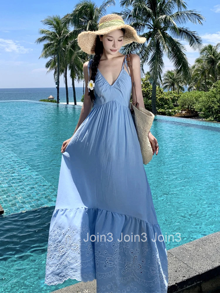 Women Vacation Clothes Blue Sweet Hollow Sexy Sling V-Neck A-Line Maxi Long Dress Elegant Fashion Party Prom Vestidos Robe Beach