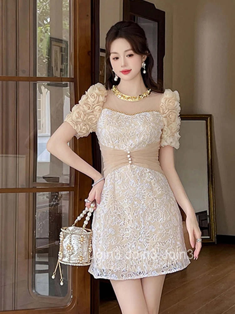 Elegant Luxury Sweet Lace Evening Dress Women Clothes New Summer Floral Puff Sleeve Slim Mini Short Party Prom Vestidos Fiesta