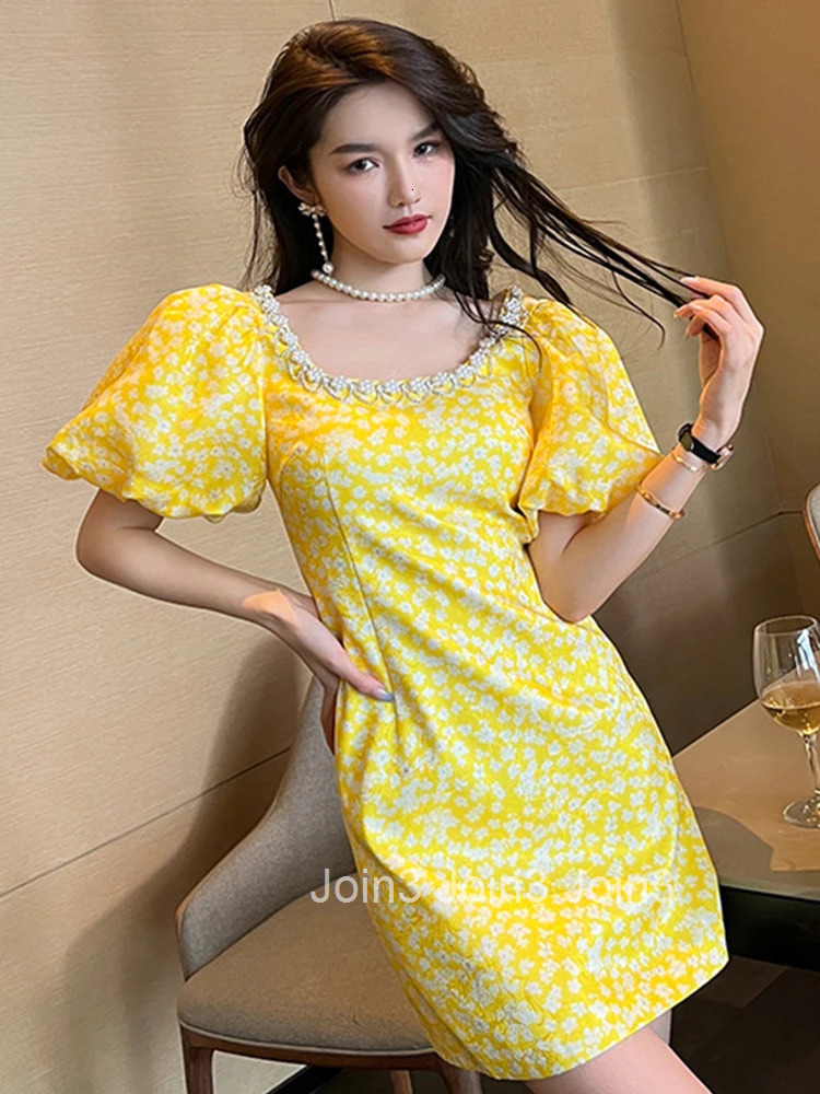 New Luxury Women Evening Dress Vintage Sweet Floral Square Collar Slim Mini Party Club Prom Birthday Femme Mujer Vestidos Fiesta