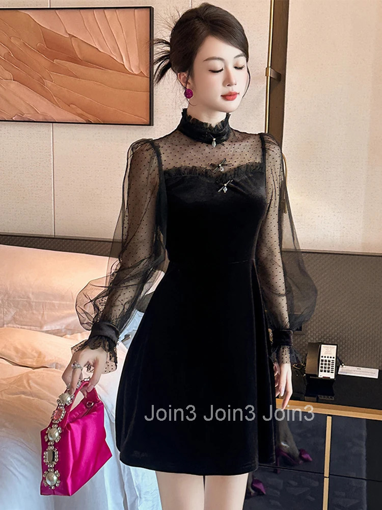 Women Clothes Black Mesh Sheer Sexy Puff Sleeve Slim A-Line Mini Short Dress Elegant Ladies Fashion Party Prom Vestidos Evening