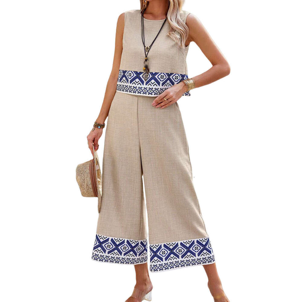 New Summer Printed Casual Top And Wide-Leg Pants Two-Piece Set For Women Ethnic Style B5