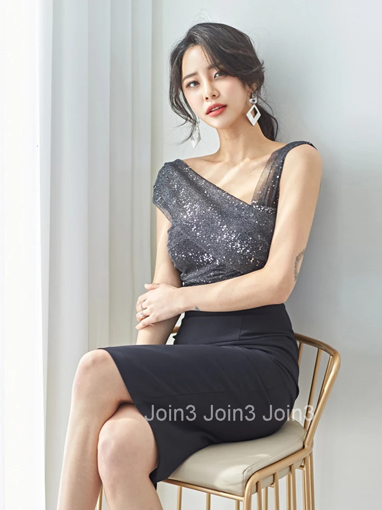 Fashion Lady Black Sparkly Sequin Mesh Splic Evening Dress Women Clothes Sexy Sleeveless Asymmetrical Slim Party Prom Vestidos