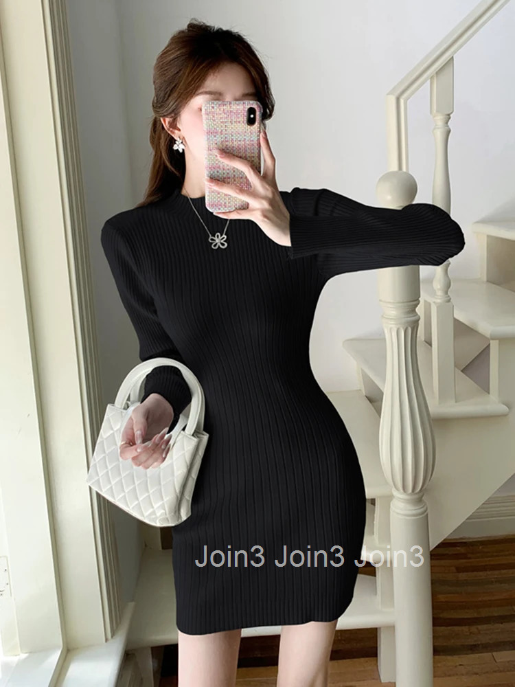 New Autumn Winter Knitted Simple Stretchy Short Dress Women Clothes Sweater Casual Solid O-Neck Long Sleeve Skinny Mini Vestidos
