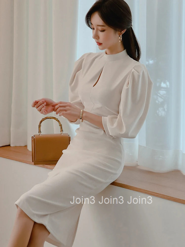 New 2023 Korean Fashion Spring Autumn Women Evening Dress Sexy Hollow Lantern Sleeve Slim Midi Pencil Party Prom Mujer Vestidos