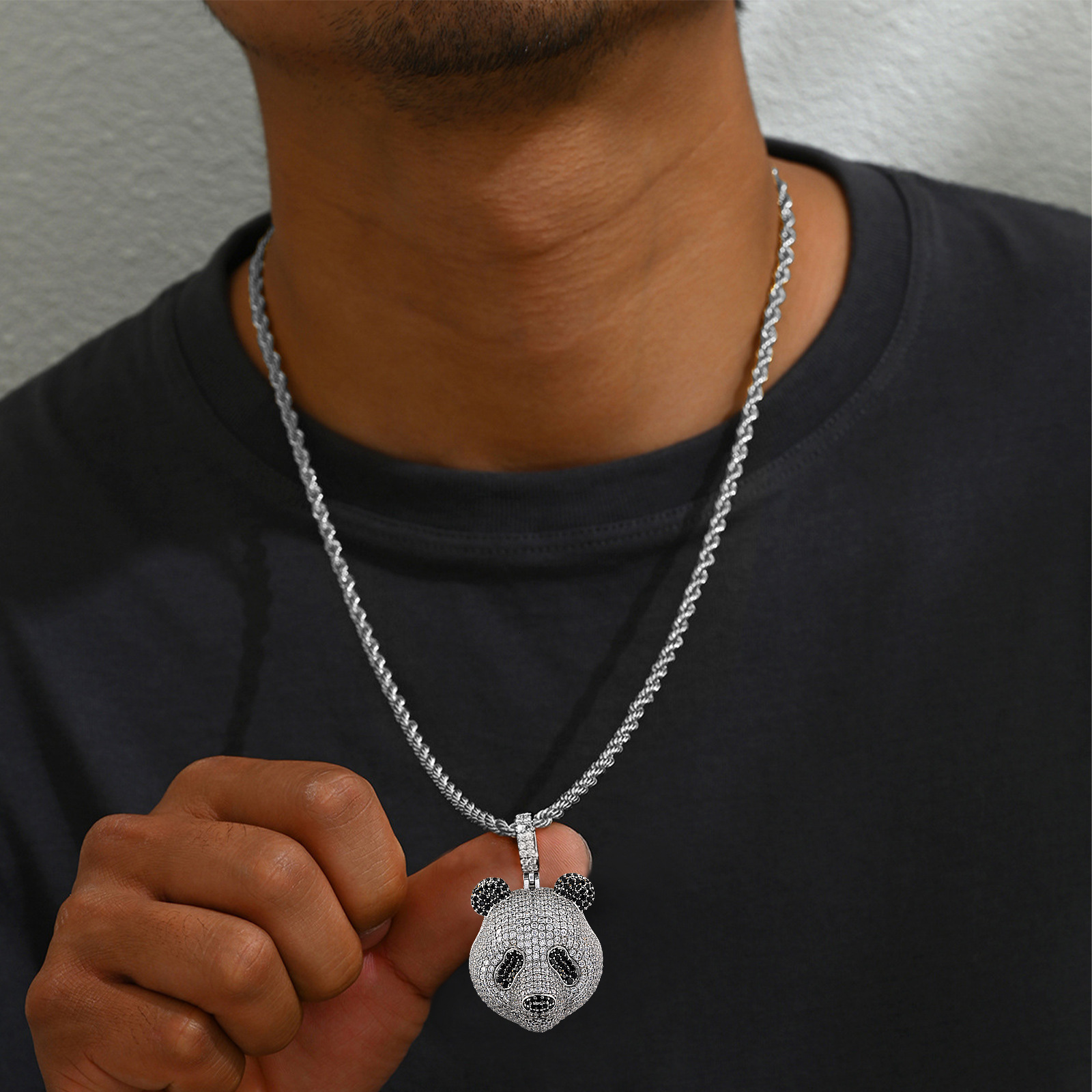 Luxury Moissanite Hip Hop Punk 3D Full Iced Out Panda Pendant Cuban Link Personalized Trendy Cool Statement Necklace Pass the diamond tester