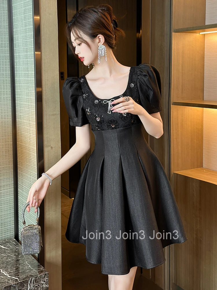 Summer Black Sequin Square Collar Gown Evening Dress Women Clothes Vintage Sweet Puff Sleeve Slim Short Party Club Prom Vestidos
