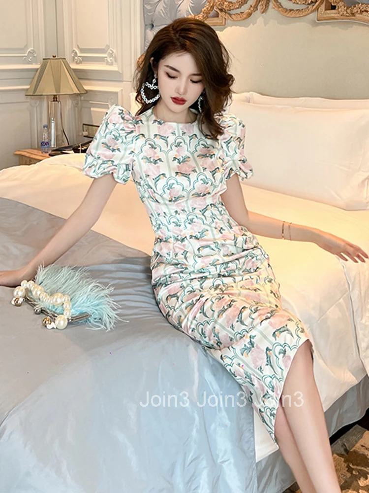 Summer Elegant Office Women Evening Dress Vintage Floral Print O-Neck Slim Midi Pencil Party Prom Beach Robe Femme Mujer Vestido