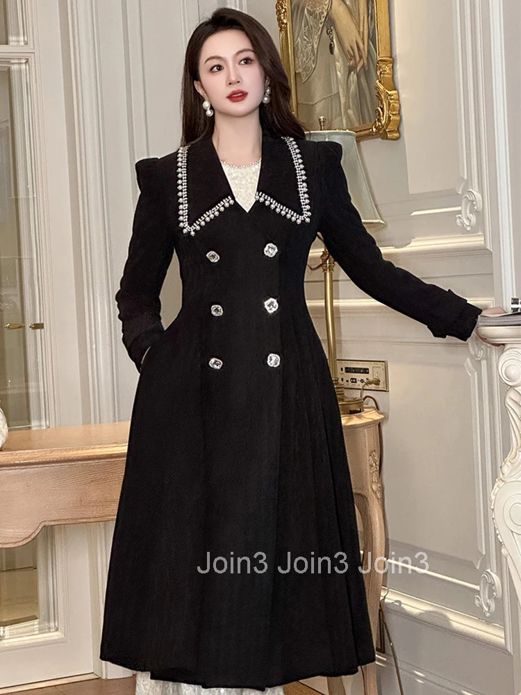Women Clothes Vintage Black Pearl Double-Breasted A-Line Jacket Coat Formal Elegant Commute Femme Outerwear Long Windbreaker New