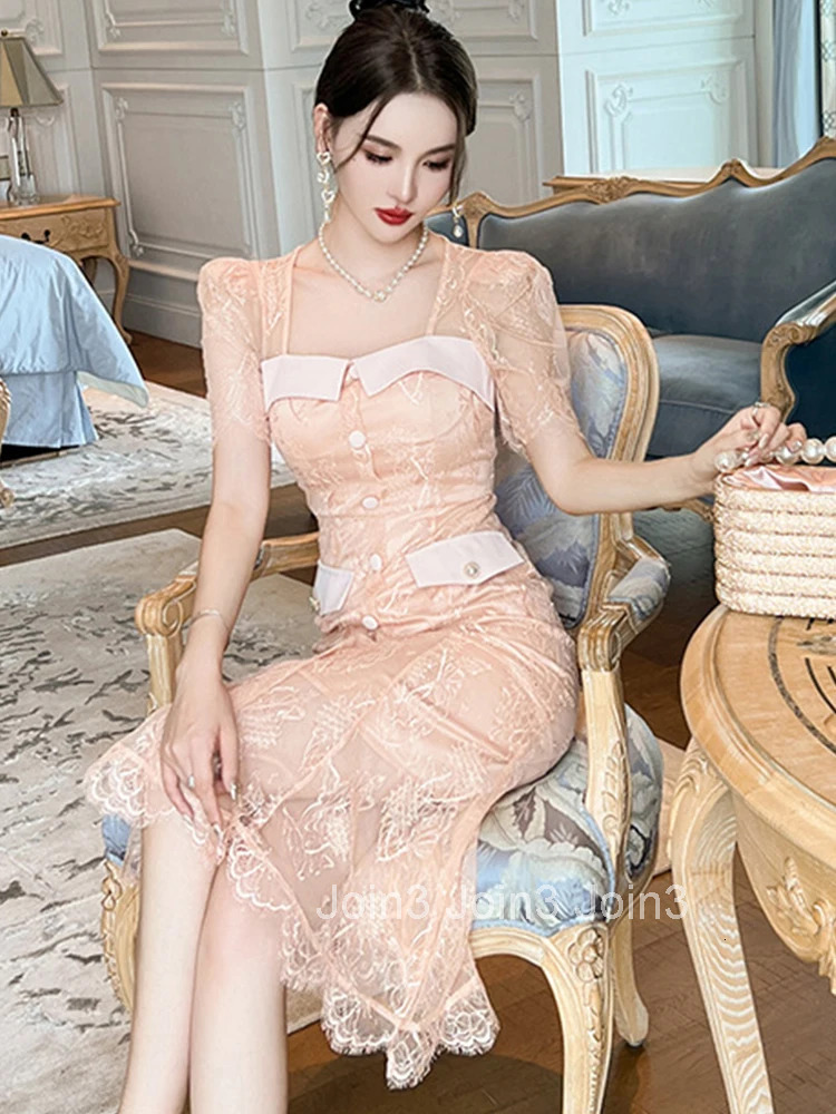 Fashion Summer Evening Party Long Dress Women Elegant Chic Lace Sparkly Bright Silk Pink Slim Midi Robe Femme Prom Mujer Vestido