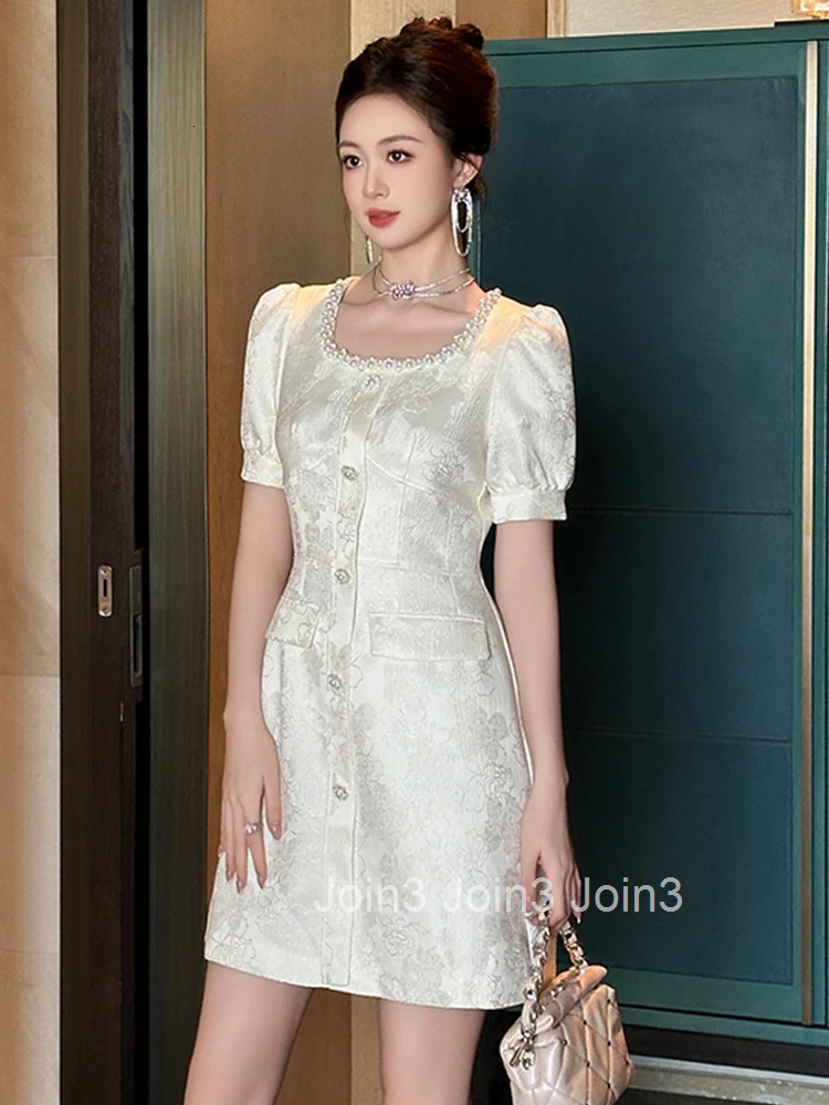Summer Retro Satin Jacquard Floral A-Line Short Dress Women Clothes Casual Elegant Pearl Square Collar Slim Party Prom Vestidos