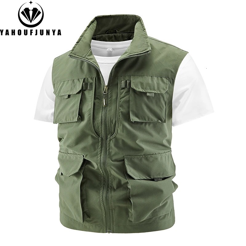 Summer Men Fishing Multiple Pockets Solid Stand Collar Vest Men Sleeveless Outdoor Casual Breathable Zipper Vest Male Coat 250617
