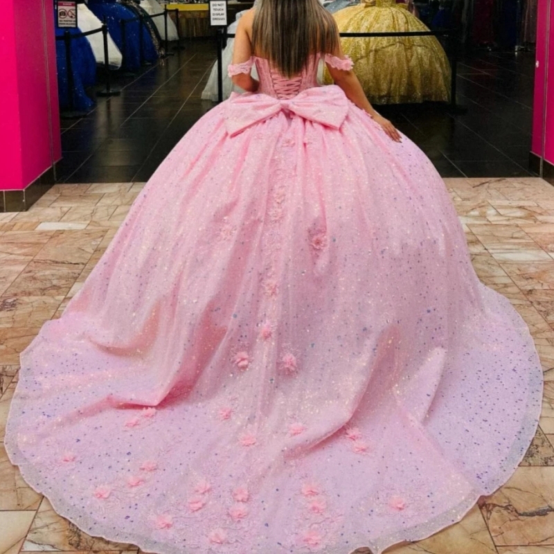 Pink Shiny Princess Ball Gown Quinceanera Dresses Floral Applique Beaded Bow Tull Sweet 16 Dress Vestidos De 15 Anos