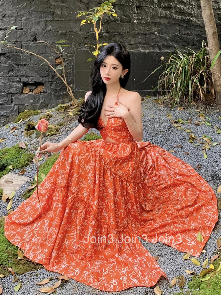 New Summer Fashion Boho Floral Print Vacation Beach Long Dress Women Clothes Elegant Sweet Sexy Backless Slim Maxi Vestidos Robe