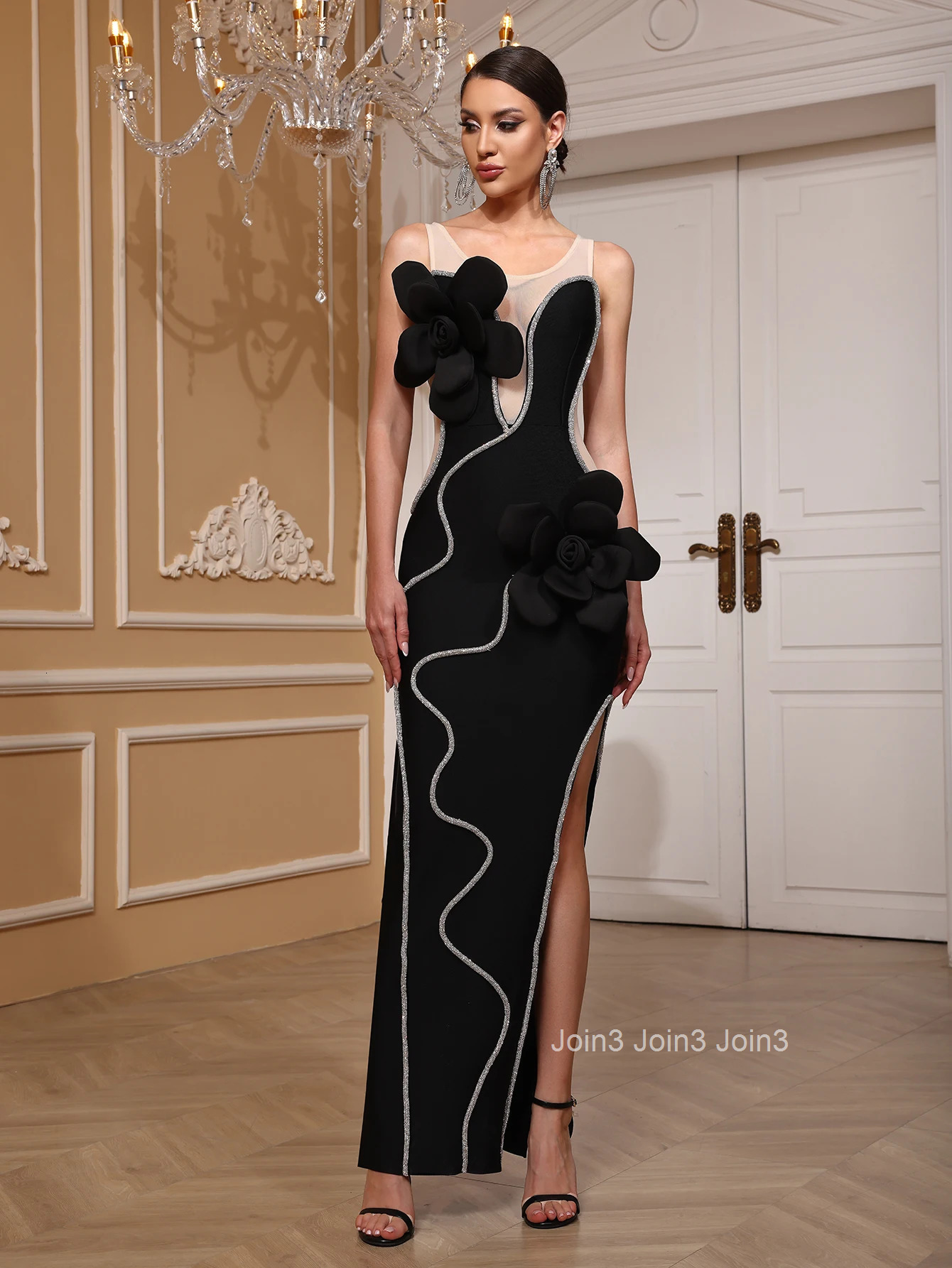 Womens Hot 2 Colour Bandage Dress 3D Floral Sheer Panel Evening Gown Sequined Slit Formal Party Wear