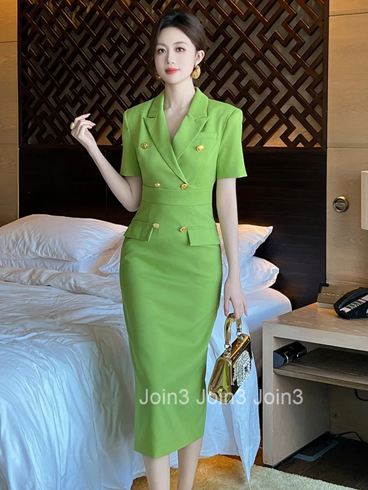 New Summer Elegant Lady Business Formal Occasion Dress Women Clothes Classic Blazer Solid Short Sleeve Slim Midi Pencil Vestidos