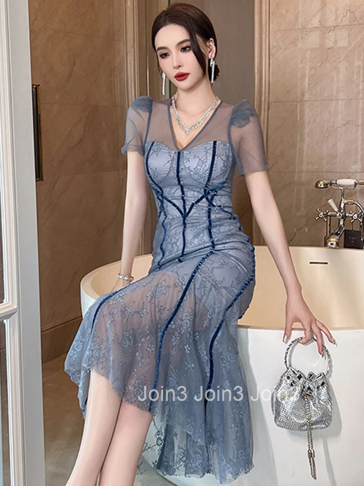 Fashion Lace Summer Evening Long Dress Women Elegant Sweet Sexy V-Neck Wrap Hip Skinny Midi Party Prom Robe Femme Mujer Vestidos