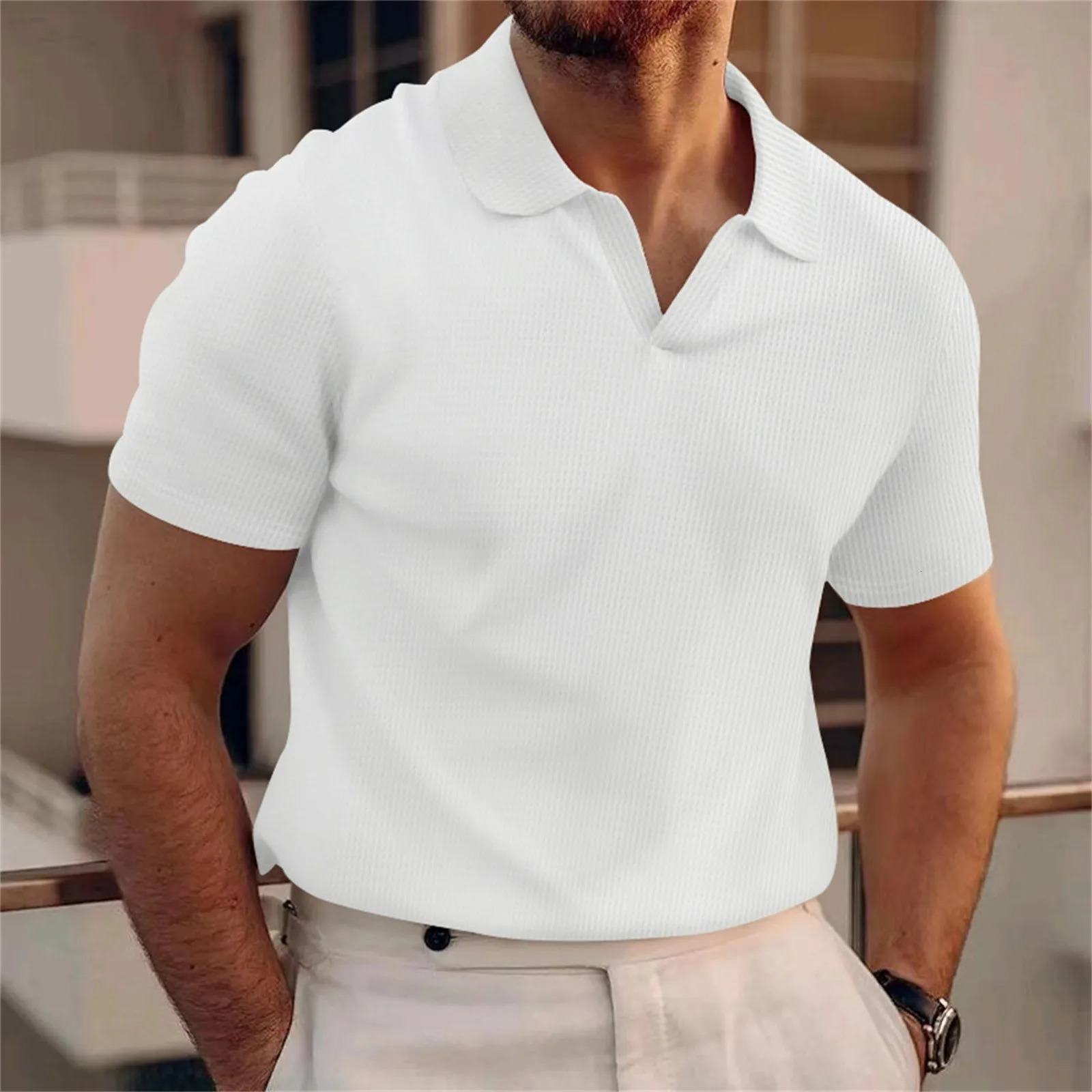 MenS Casual V Neck Textured Shirts Slim Fit Solid Short Sleeve Cotton T Shirts Waf Fle Knit Soft Casual Comfortable Tee 250618