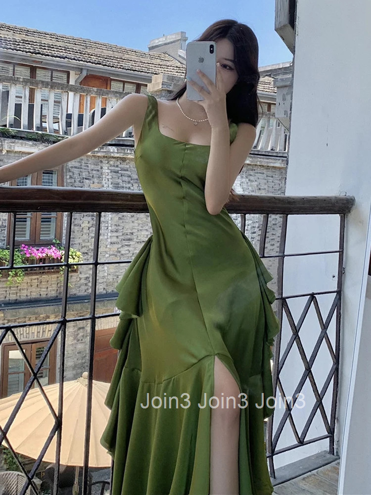 Korean Summer Satin Elegant Women Dress Casual Sexy Tank Backless Ruffle Split Maxi Party Lady Robe Femme Beach Mujer Vestidos
