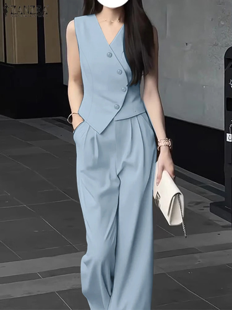 ZANZEA Elegant Summer Sleeveless Tops Wide Leg Trousers 2 Piece Sets Solid Office Lady Outfit OL Work Pants 2PCS 250616