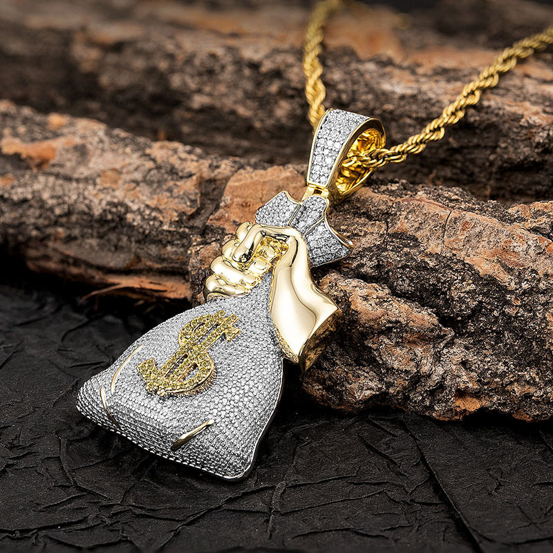 Full Iced Out Money Bag Dollar Sign Pendant Necklace Hip Hop Rap Bling Personalized Moissanite Jewelry Pass the diamond tester