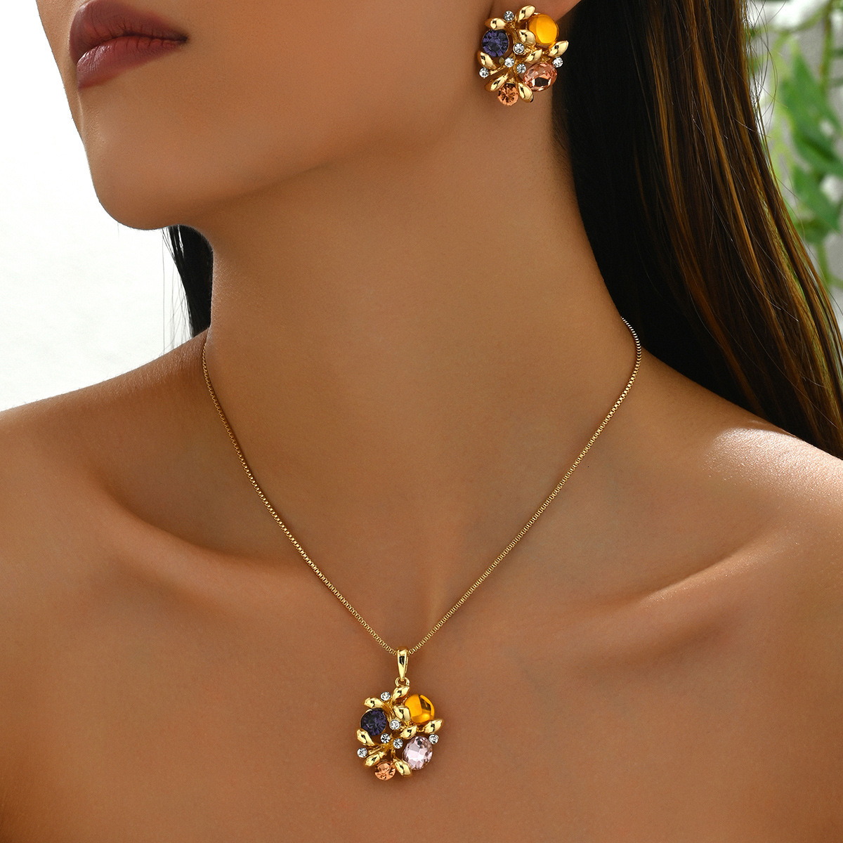 Style Women's Inlaid Long Necklace Jewelry Set Irregular Earrings Clavicle Chain