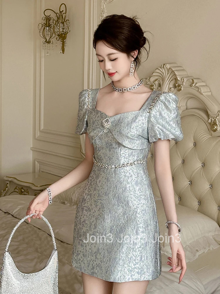 Fashion Elegant Luxury Jacquard Summer Evening Dress Women Clothes Sweet Sexy Square Collar Slim Mini Party Prom Vestidos Fiesta
