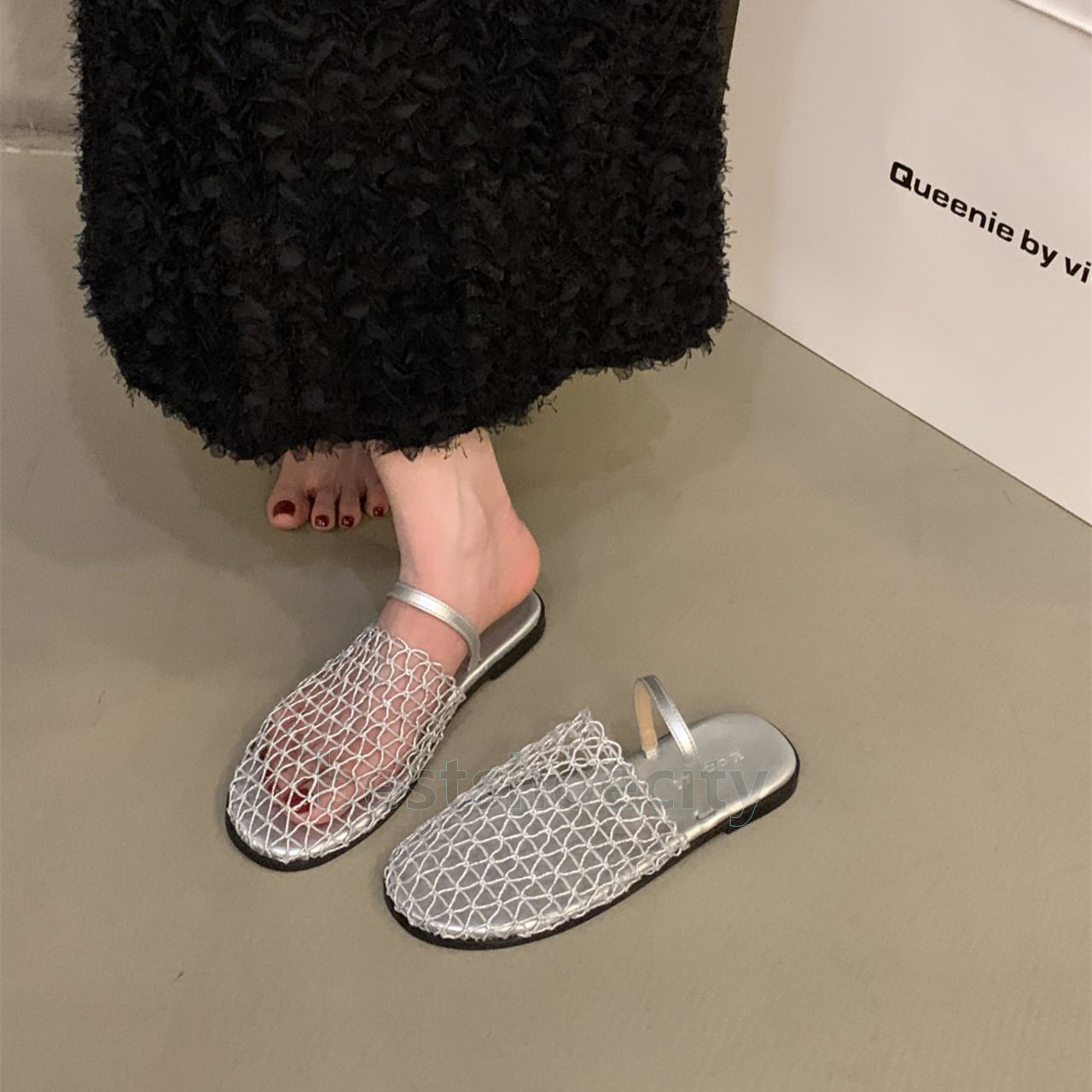 designer sandals summer slides hollow out mesh slippers fishnet women shoes crochet net flats heels sandal fashion simple sandale mules
