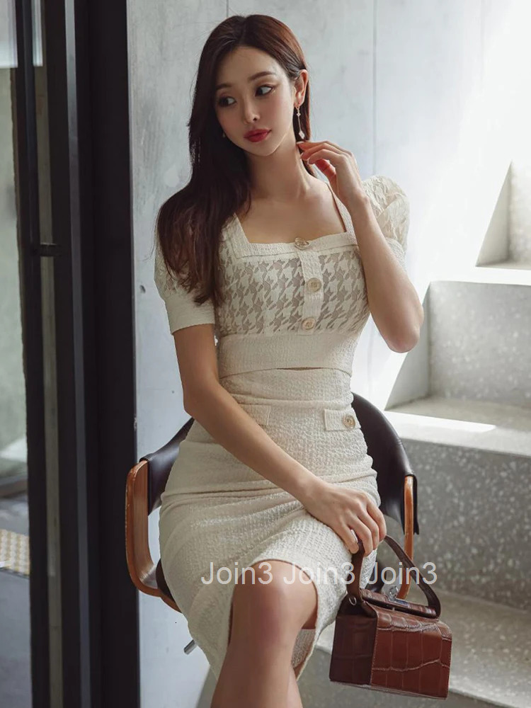 Fashion Summer Evening Dress For Women Chic Retro White Houndstooth Sexy Square Collar Slim Midi Party Mujer Vestidos Robe Femme