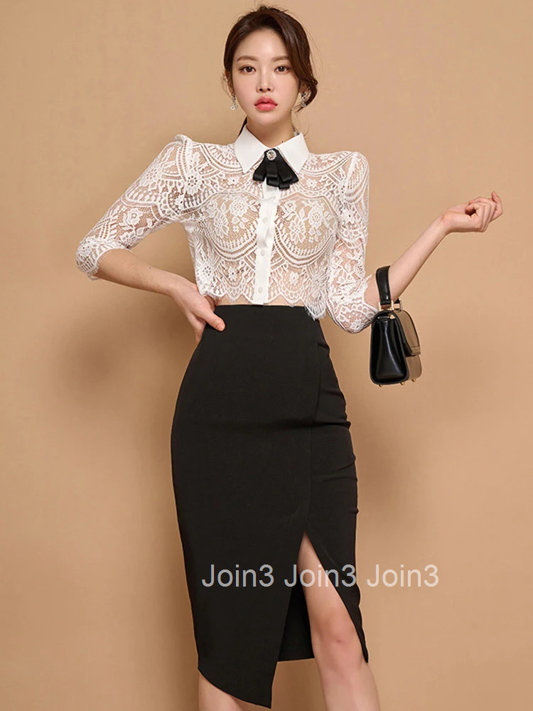 Summer Sexy 2 Pieces Outfits Elegant Office Women White Lace Sheer Short Tops Shirt Blouse Black High Waist Midi Skirt Mujer Set