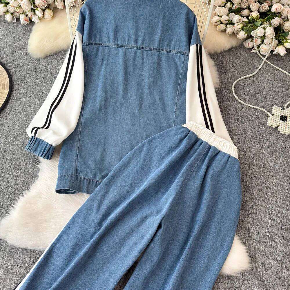 Color Contrast Fake Two Shirts + Wide Leg Pants Suit Sports Casual Denim Loose Slimming Women Two-piece Set
