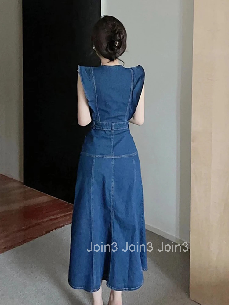 Fashion Summer Denim Long A-Line Dress For Women Lady Preppy Retro Sleeveless Slim Midi Mujer Vestidos Robe Femme Street Clothes