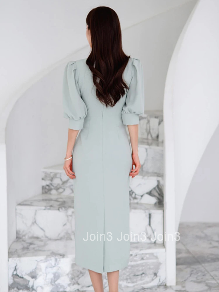 Elegant Office Lady Women Dress Temperament Chic Casual Ribbon V-Neck Slit Midi Party Work Style Street Robe Femme Mujer Vestido