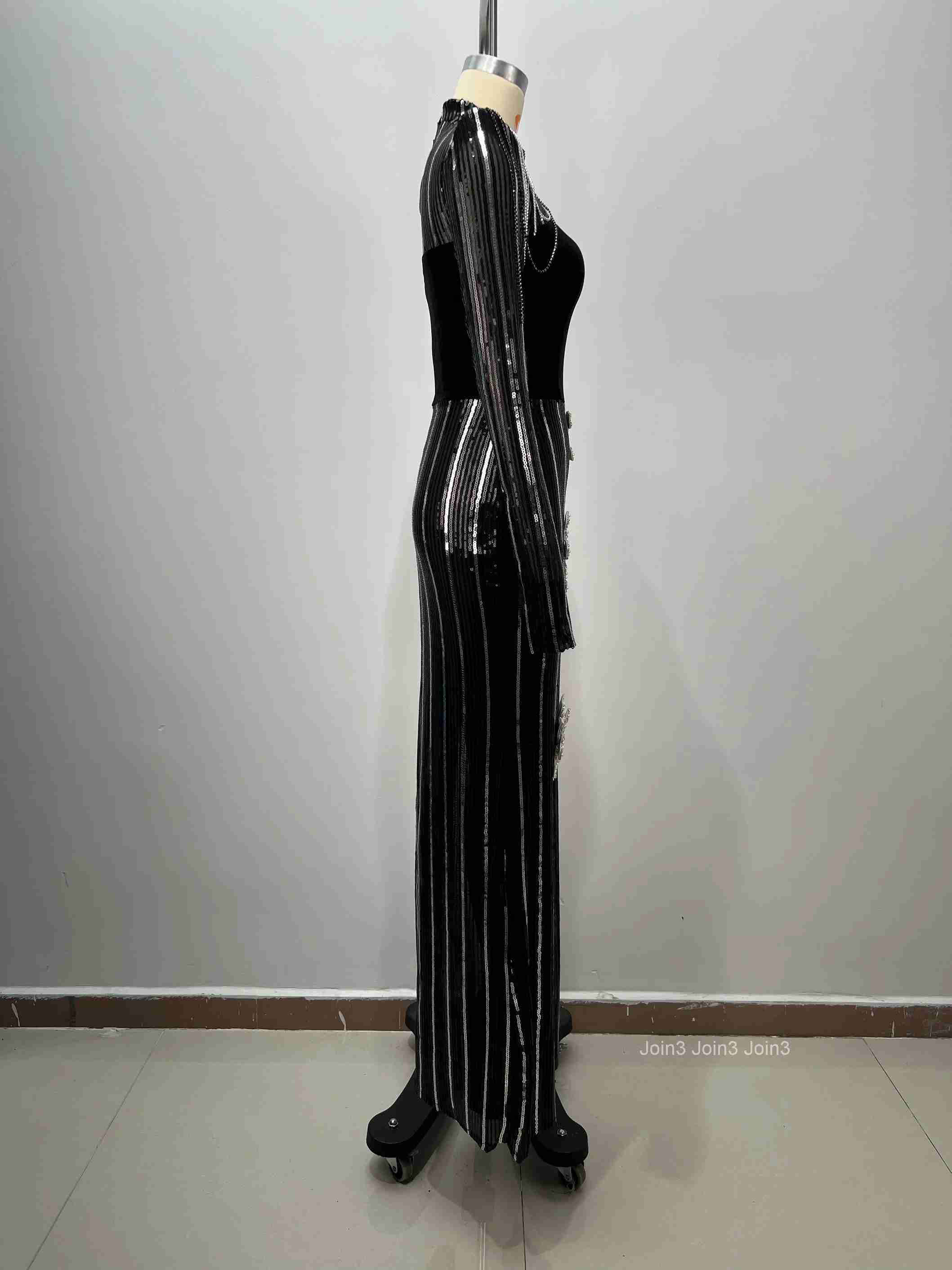 Bandage Sequin Dress with Crystal Flower Embellishments Sexy Long Sleeve High Slit Evening Gown Women Glitter Black Party Dress