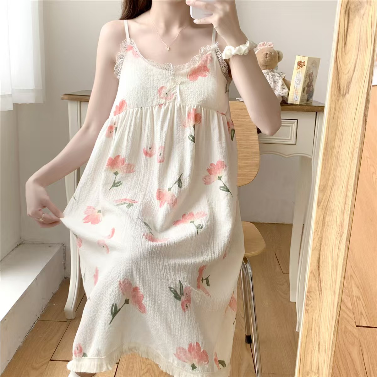 2025 women's models spring and summer sweet ins style halter mid-length loose nightgown female home dress tulips hot-sale products