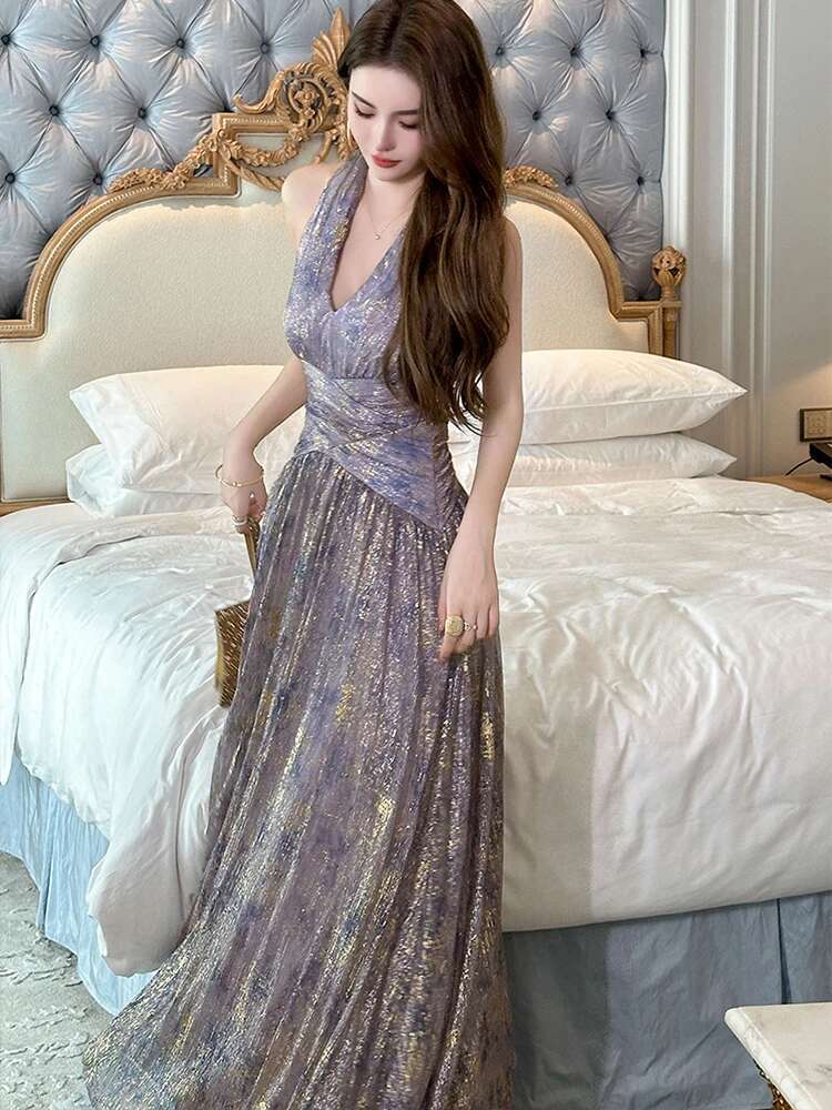 Summer Sparkly Evening Long Dress Women Clothes Elegant Sexy Halter Backless Slim A-Line Party Prom Vestidos Robe Vacation Beach