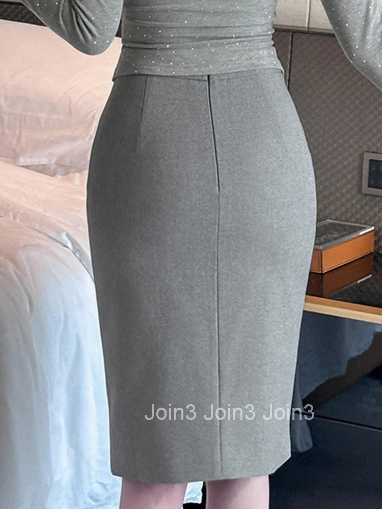 Women Clothes Elegant Lady Formal Occasion Commute Gray High Waist Midi Pencil Skirt Mujer Casual Simple Wrap Hip Skirts Spring