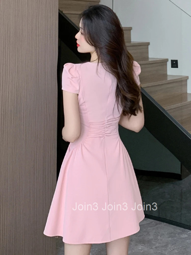 Summer Short Dress Women Clothing Elegant Pretty Formal Sweet Pink Black Chic Short Sleeve Slim Folds Mini Party Mujer Vestidos