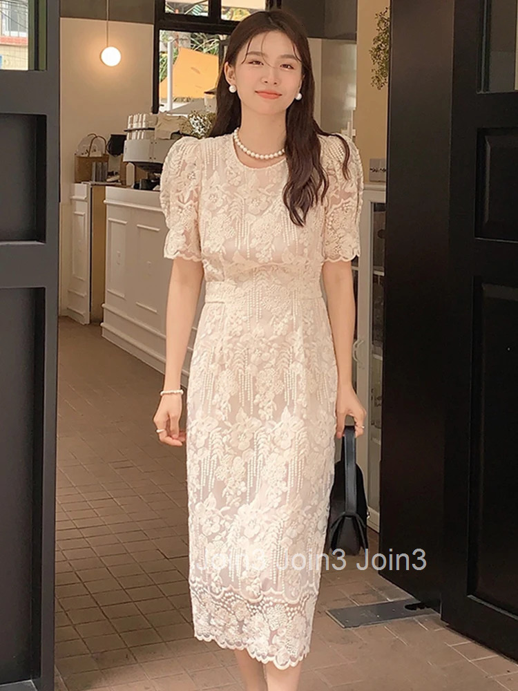 Summer Long Dress For Women Elegant Preppy Lace Embroidery O-Neck Puff Sleeve Slim Midi Robe Femme Mujer Vestidos Street Clothes