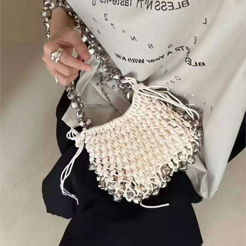 Women Bell Bucket Handba Hand Woven Net Evening Wedding Party Clutch Purse Crossbody Bag