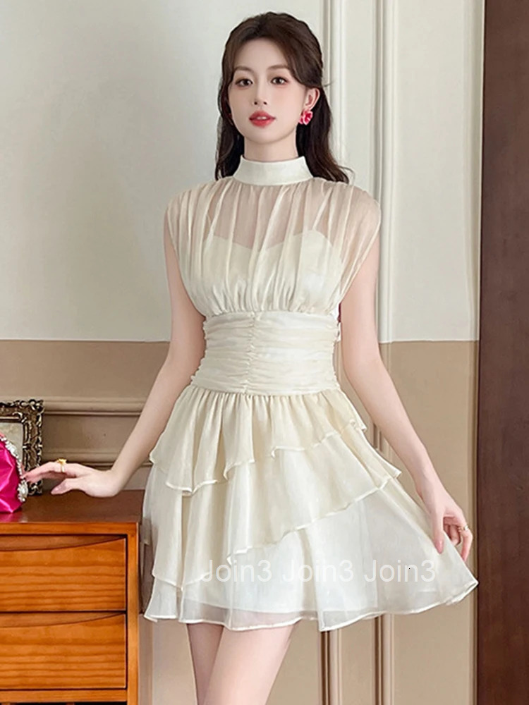 New French Round Neck Irregular Ruffle Chiffon Fairy Evening Dress Women Clothes Sweet Sexy Sleeveless Slim Party Prom Vestidos