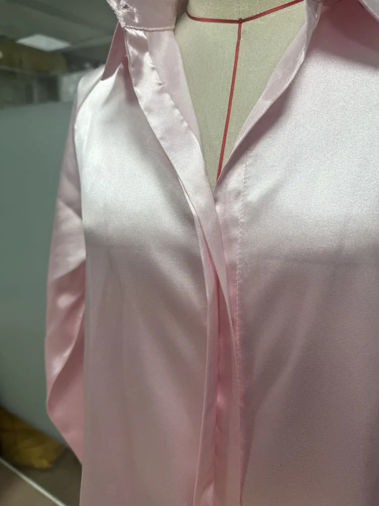 Womens Loose Satin Blouse Tops Summer Spring Turn Down Collar Button Long Sleeve OL Ribbon Blouse Shirts DFFS-A0060 250617