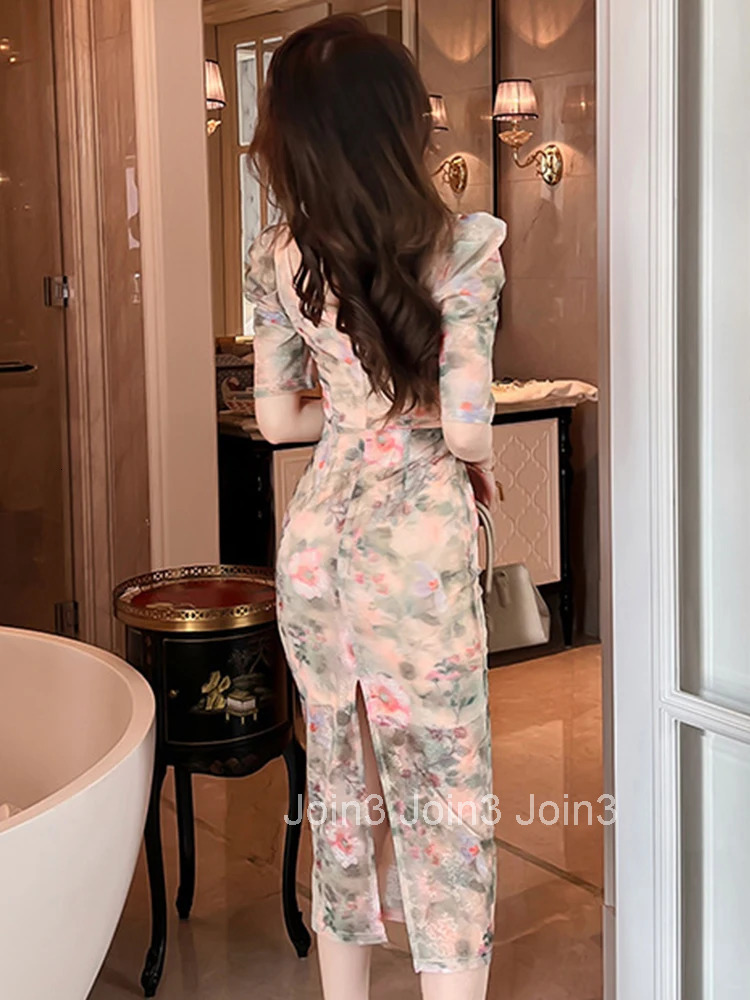 New Mesh Elegant Women Evening Dress Temperament Vintage Flower Sheer Slit Midi Party Club Beach Boho Robe Femme Mujer Vestidos