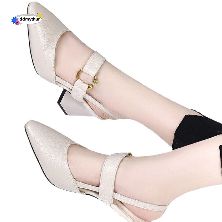 Summer New Women's Casual Square Toe Slingback Sandals with Chunky High Heels Fashionable Leather Shoes ddmythur