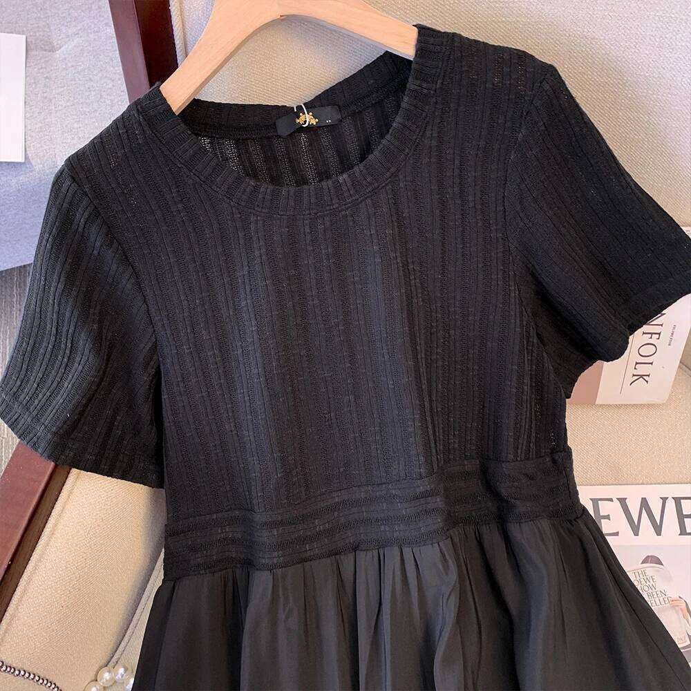 Plus Size Women's Summer Casual Dress Black Patchwork Design Skirt Loose Comfortable Breathable Fashion Commuter
