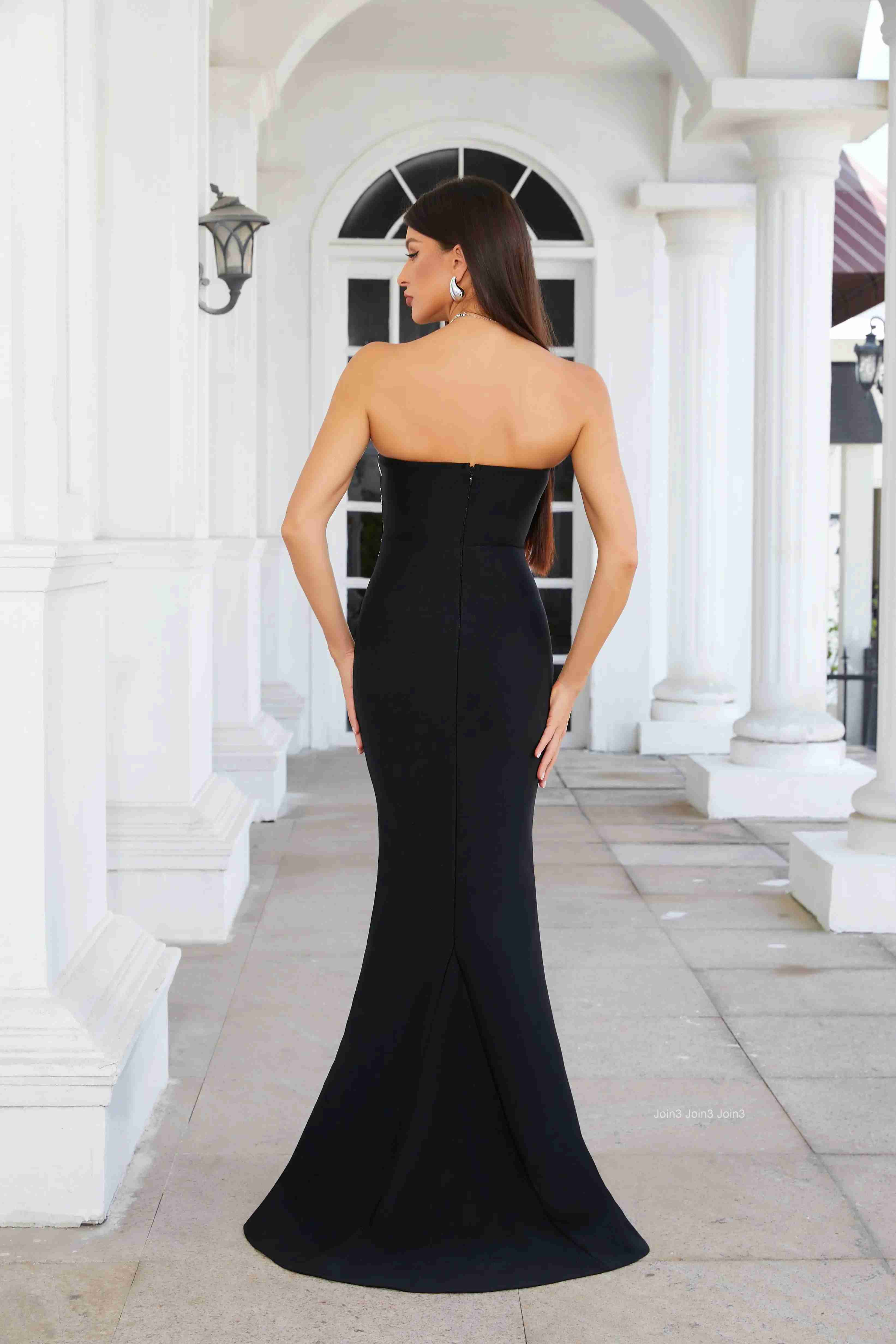 Womens Black Bandage Dress Strapless Grid Lace Mermaid Gown Beaded Mesh Panels Fishtail Evening Dress Formal Attire